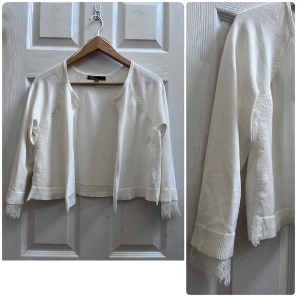 89th & Madison Ivory Lace Detail Rib Trim Open Crop Cardigan Petite Size XL - Picture 10 of 10